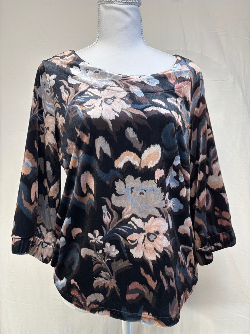 Black Floral Boatneck Long Sleeve Top in Blush and Blue